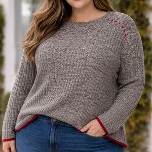 Timberland Heavy Knit Cotton Gray Marled Red Trim Ribbed Long Sleeve Sweater 3X